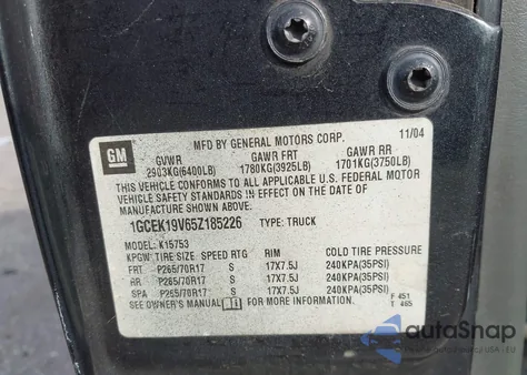 2005 Chevrolet Silverado 1500 Work Truck from USA, damaged, VIN 1GCEK19V65Z185226